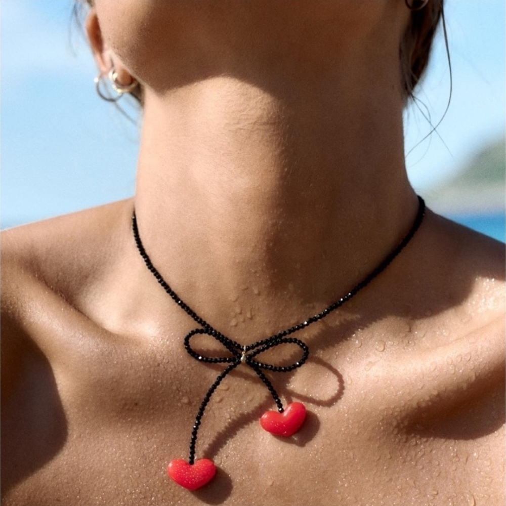 Zara Black Necklace with Red Heart Charms